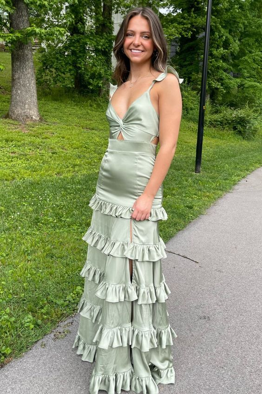 Sheath V Neck Sage Green Satin Long Prom Evening Dresses With Slit J2671