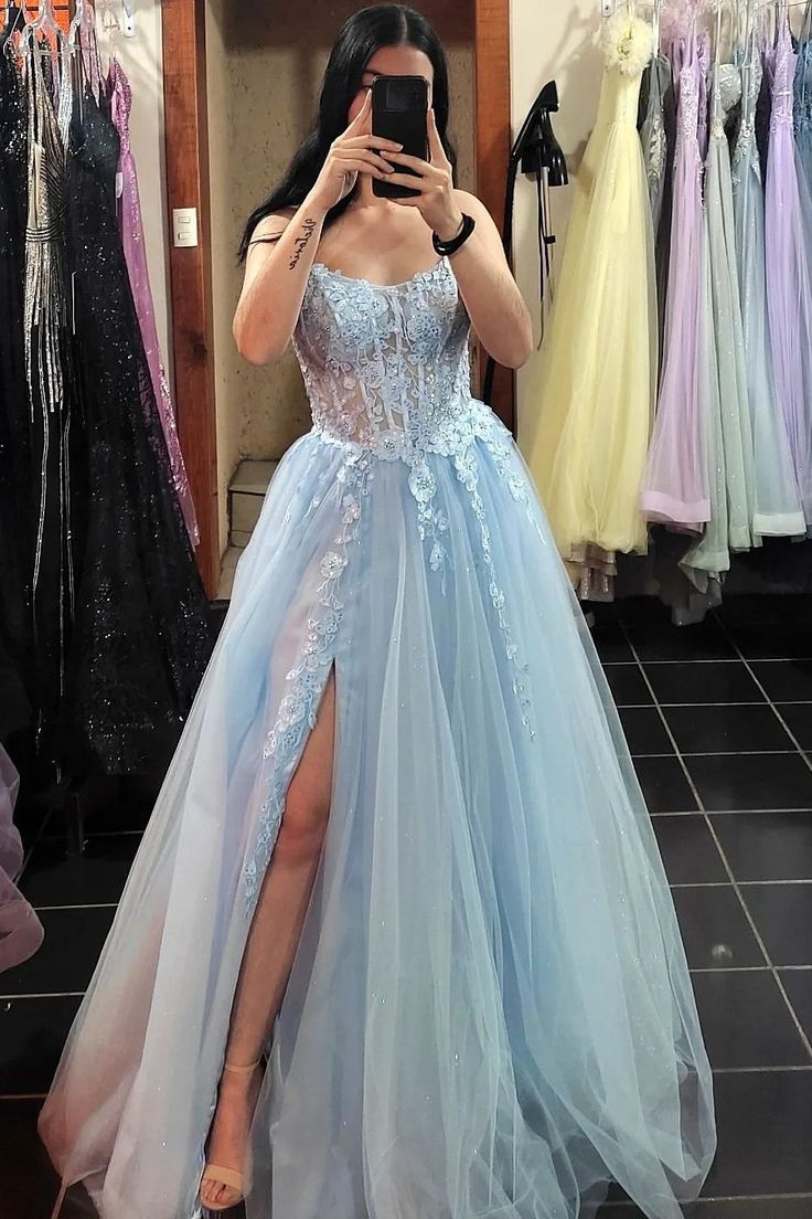 Princess Blue Appliques A Line Formal Dresses Tulle Party Dresses J2626