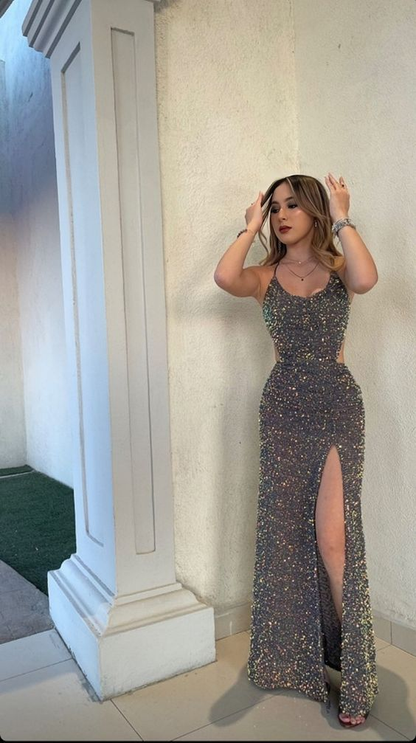 Dark Gray Sequin Sheath Long Prom Dresses With Slit J2681