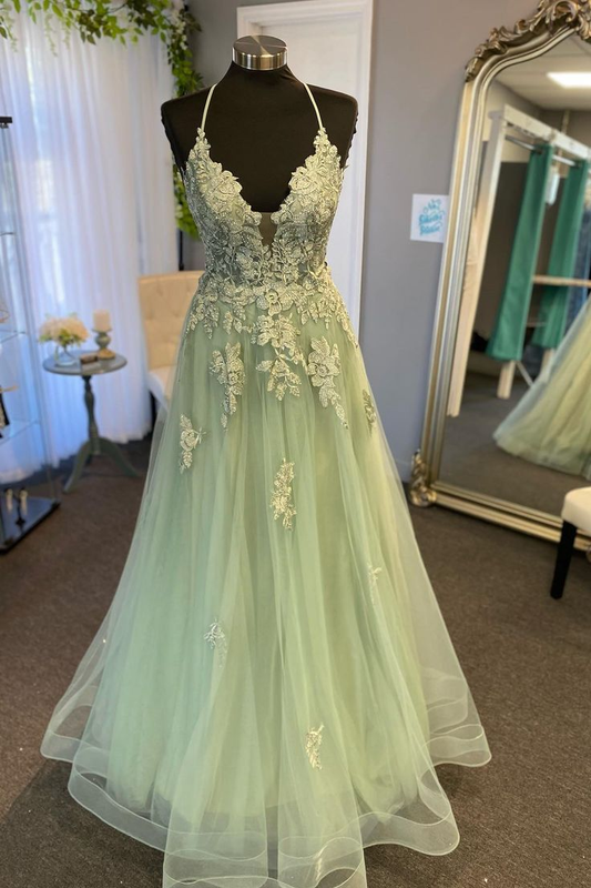 V Neck A Line Green Tulle Long Prom Dresses With Applique J2680