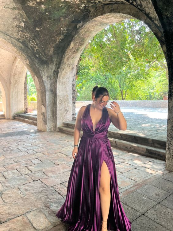 Deep V Neck Purple A Line Long Prom Dresses Wedding Guest Dress J2677