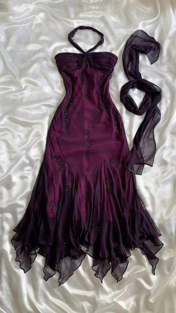 Purple A Line Beaded Long Prom Dress Ruffled Evening Dresses J2658