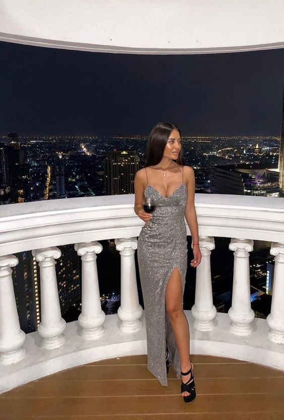 Spaghetti Straps Gray Sequin Sheath Long Prom Dresses With Slit J2682