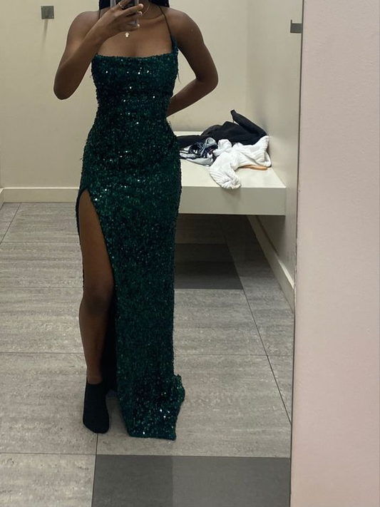 Emerald Green Sequined Sheath Long Prom Dresses With Slit J2633