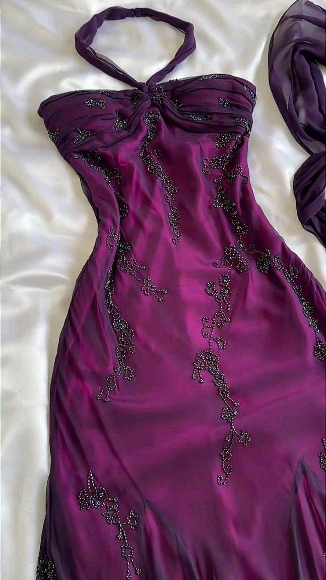 Purple A Line Beaded Long Prom Dress Ruffled Evening Dresses J2658