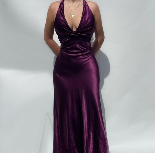 V Neck Purple Satin Sheath Long Prom Dresses J2645