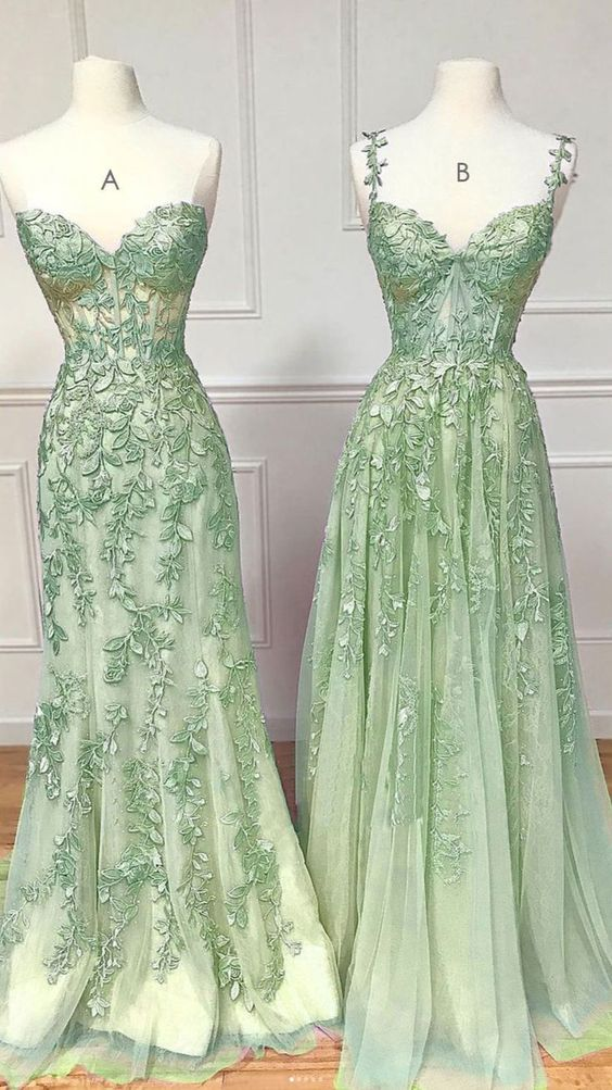 Green A Line Applique Mermaid Lace Long Prom Dress J2622