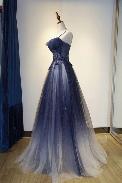 Marineblaues A-Linien-Tüll-Ballkleid mit Farbverlauf, lang, J2639
