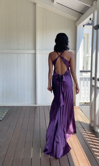 V Neck Purple Satin Sheath Long Prom Dresses J2645