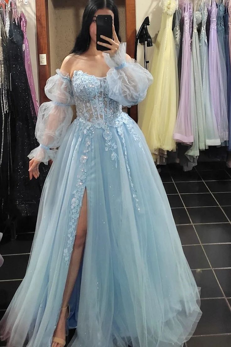 Princess Blue Appliques A Line Formal Dresses Tulle Party Dresses J2626