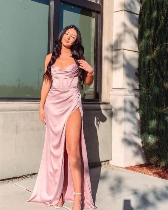 Pink Satin Long Sheath Prom Dresses With Slit J2636