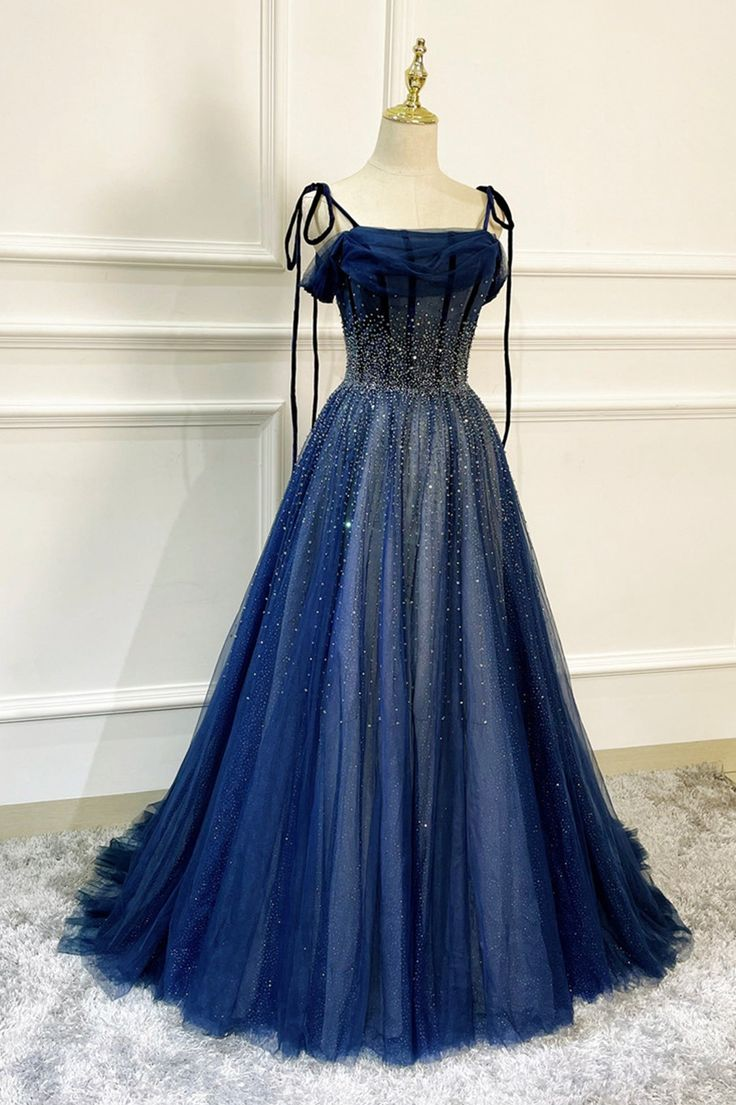 Dark Blue Tulle Sequin Long Prom Dresses A Line Birthday Party Dresses J2635