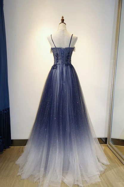 Marineblaues A-Linien-Tüll-Ballkleid mit Farbverlauf, lang, J2639