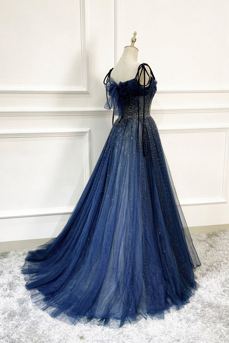 Dark Blue Tulle Sequin Long Prom Dresses A Line Birthday Party Dresses J2635