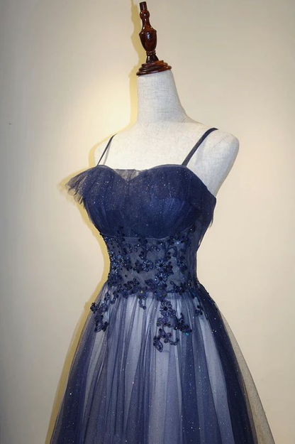 Marineblaues A-Linien-Tüll-Ballkleid mit Farbverlauf, lang, J2639