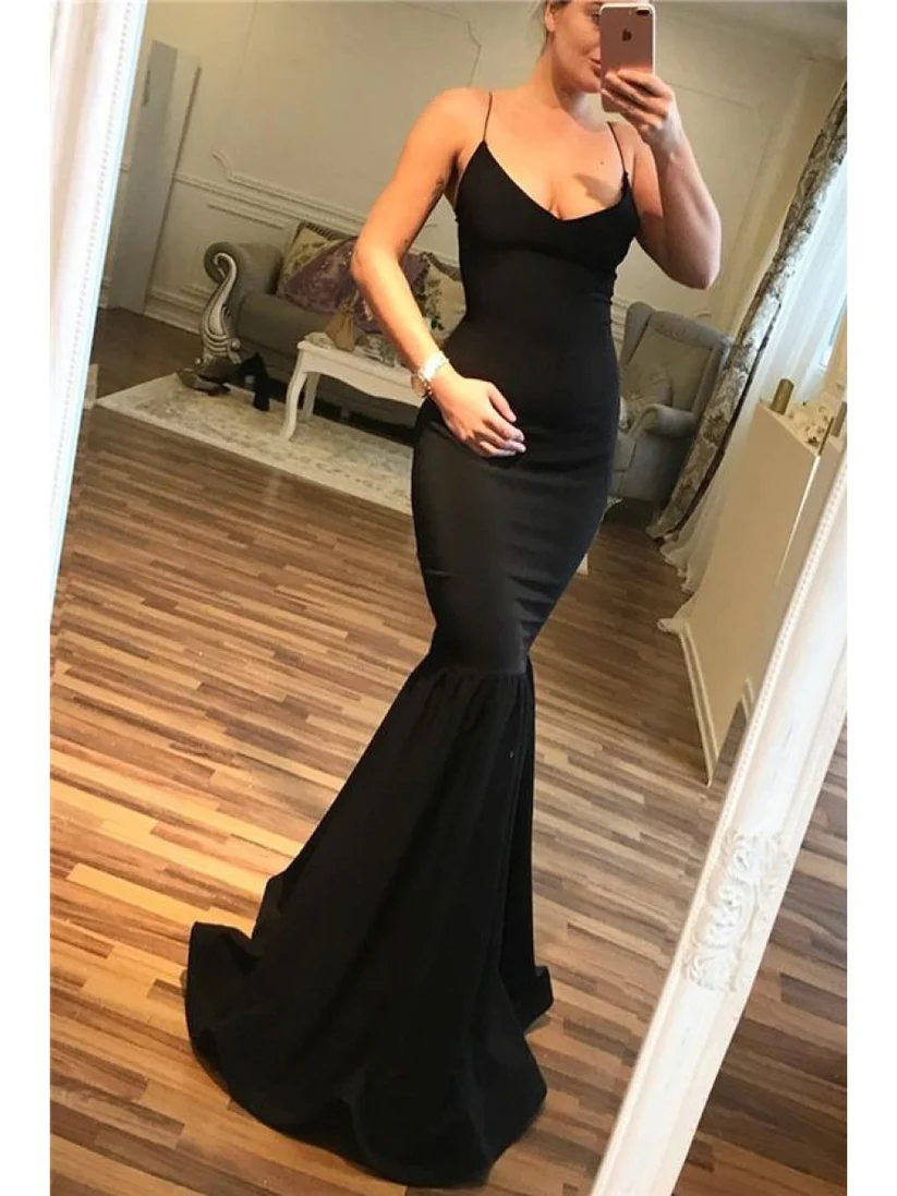 Spaghetti Straps Black Mermaid Long Prom Dress 2473