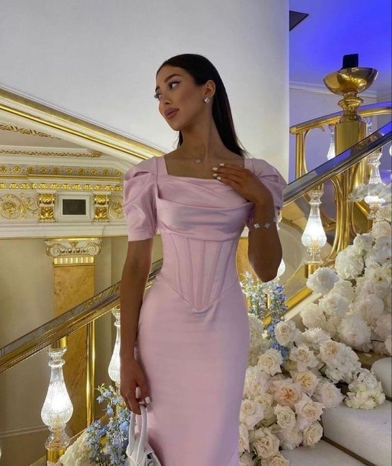 Robe de bal longue fourreau rose à manches courtes, robe de soirée formelle 2505