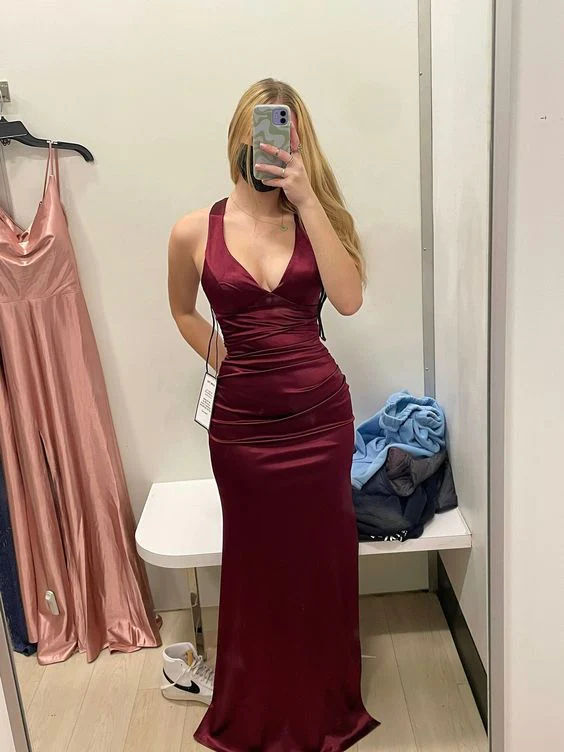 V Neck Satin Mermaid Long Evening Dress Burgundy Evening Dress 2478