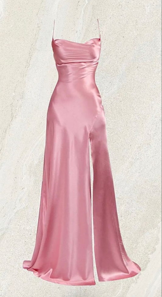 Spaghetti Straps A Line Pink Satin Prom Dresses Maxi Dress With Slit J2558