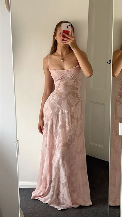 Robe de bal sirène rose longue à bretelles spaghetti J2578