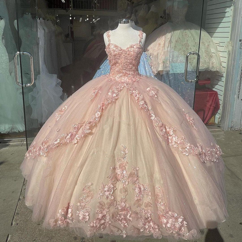 A Line Pink Quinceanera Ball Gown Sweet 16 Tulle Lace Birthday Party Dress 2543