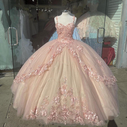 Robe de bal rose trapèze en tulle et dentelle pour 16 ans, tenue de fête d'anniversaire, 2543