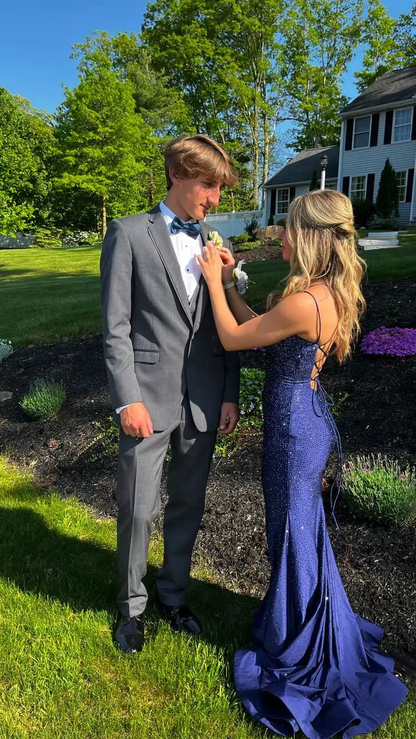 Robe de bal sirène bleu marine longue à bretelles spaghetti 2527