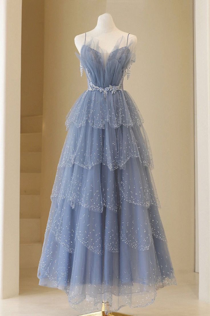 Spaghetti Straps A Line Layered Blue Long Prom Dress Tulle Shiny Beaded Birthday Party Gown J2564