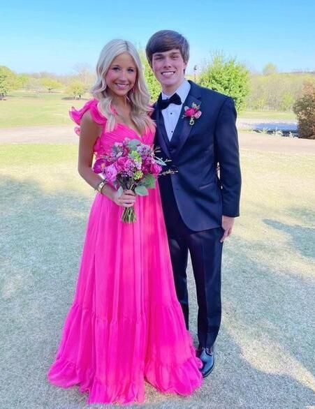 Hot Pink Long V Neck A Line Long Prom Dresses J2572