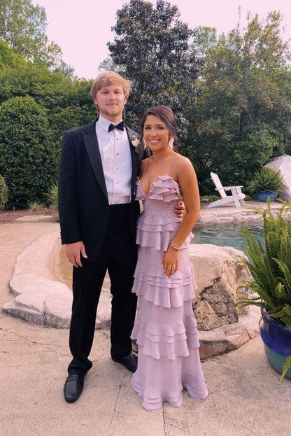 Robe de bal longue lilas à bretelles spaghetti et volants, coupe trapèze, tenue de soirée formelle 2515