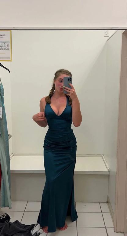 Robe de soirée longue sirène en satin à col en V, robe de soirée bleue 2479