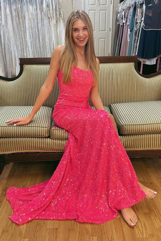 Hot Pink Sequins Mermaid Long Prom Dresses J2574