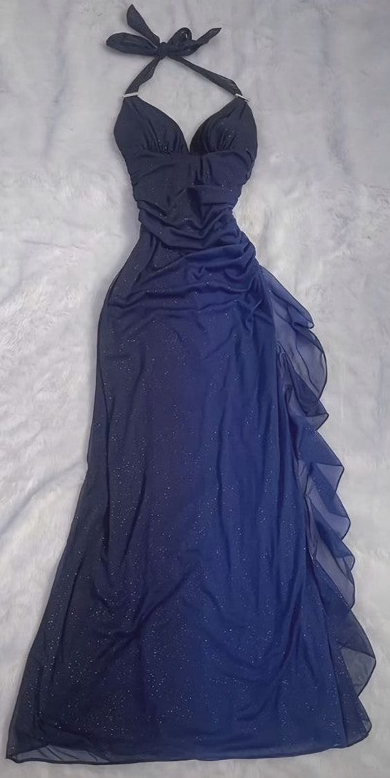 Robe de bal sirène longue bleu foncé à col licou J2562