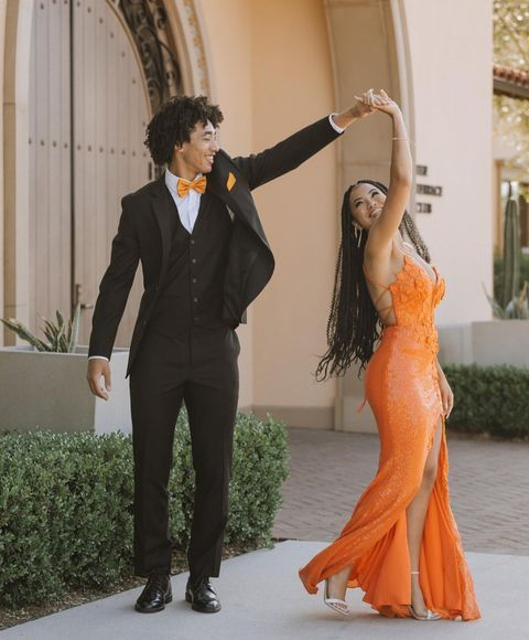 Sparkly Orange Long Prom Dress With Appliques Mermaid Party Dress With Slit 2529