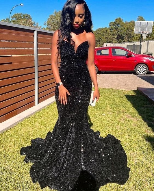 V Neck Black Sequins Mermaid Prom Dress 2533