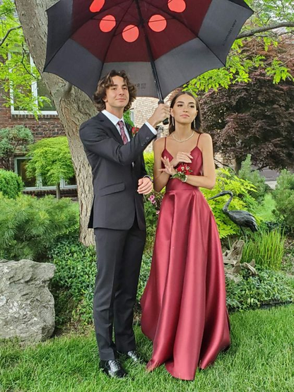 Burgunderrotes, langes Ballkleid mit Spaghettiträgern, V-Ausschnitt und A-Linie 2538