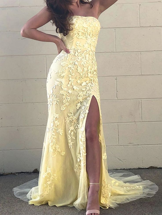 Strapless Mermaid Lace Long Prom Dresses Yellow Pa J2579