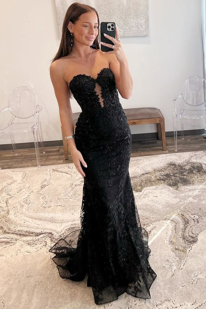Robe de bal sirène longue noire à appliques et décolleté en cœur 2547
