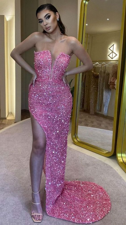 V Neck Pink Sequins Sheath Long Prom Evening Party Formal Dress 2504