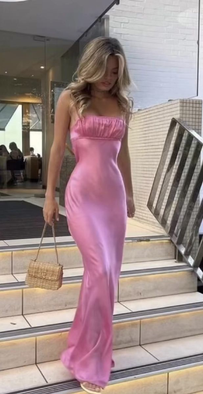 Robe de soirée fourreau rose longue à bretelles Sapaghetti 2516