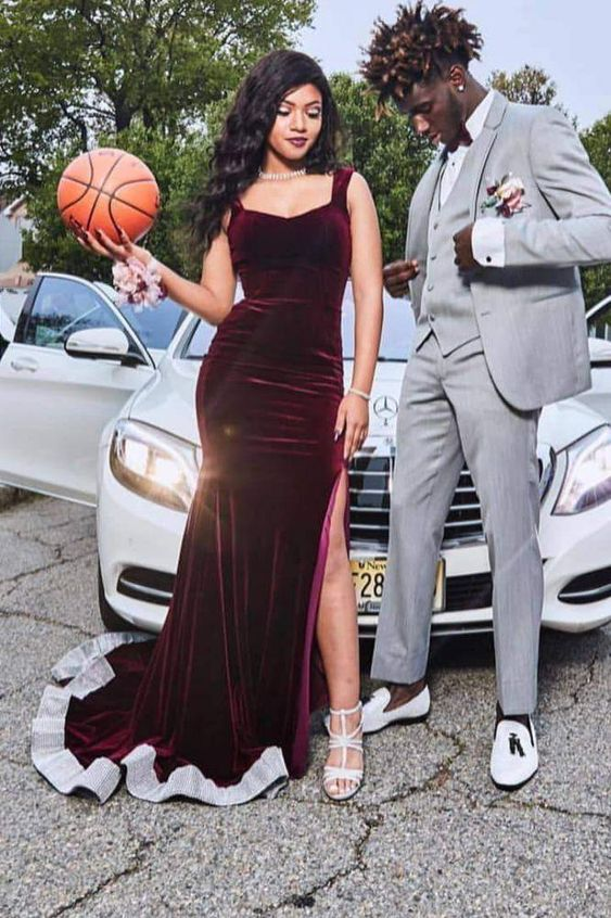 Robe de bal sirène longue en velours bordeaux avec fente J2576