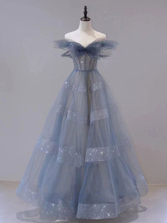 Off The Shoulder Blue Tulle A Line Long Prom Dress J2563