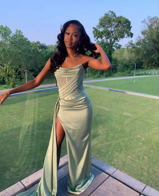 Green Satin Mermaid Long Prom Dress With Slit J2561