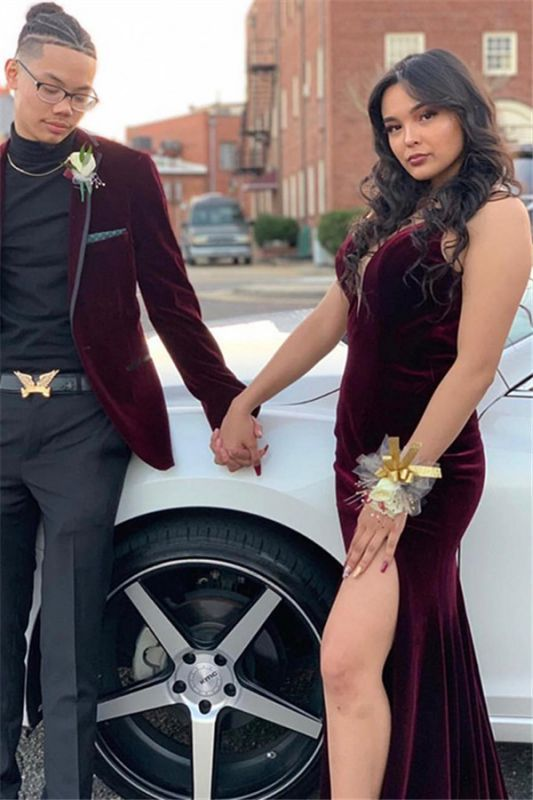 Mermaid Burgundy Velvet V Neck Long Prom Dresses Backless Evening Dresses J2577