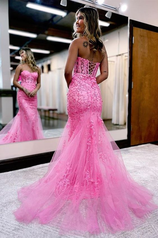 Strapless Mermaid Pink Lace Long Prom Dress Tulle Party Dress With Appliques 2535