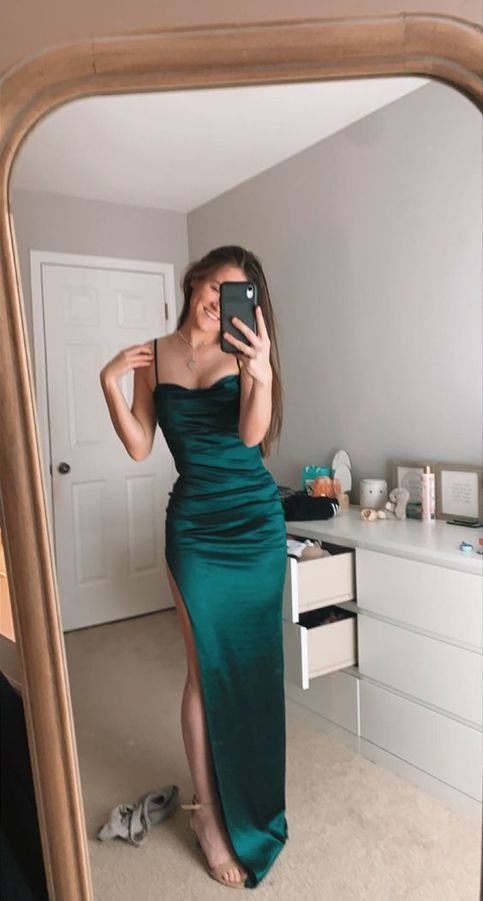 Green Sheath Long Prom Dress Spaghetti Straps Evening Dress With Slit 2485