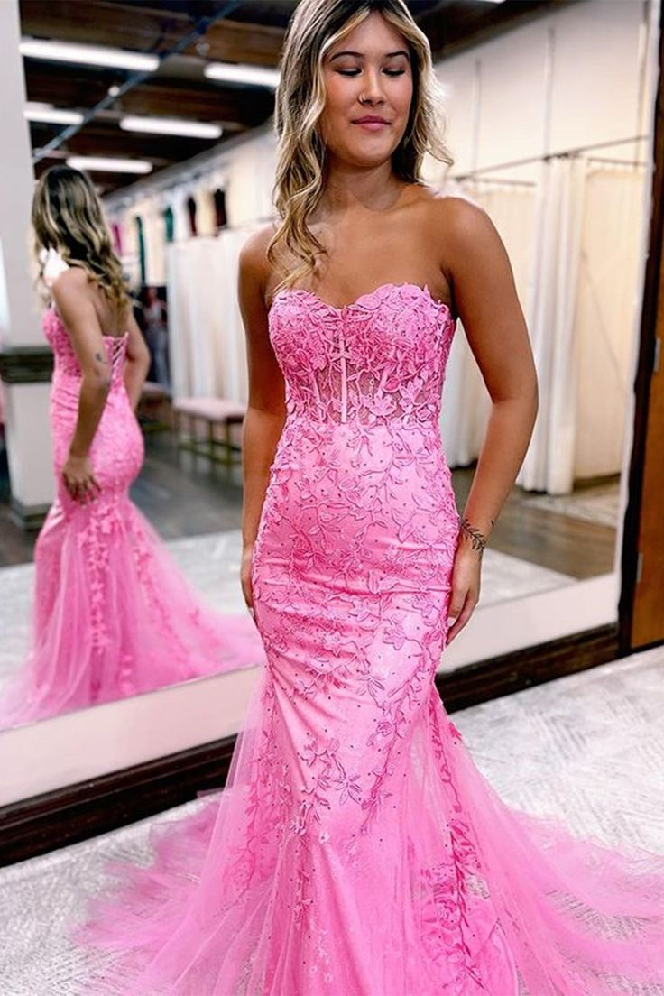 Strapless Mermaid Pink Lace Long Prom Dress Tulle Party Dress With Appliques 2535