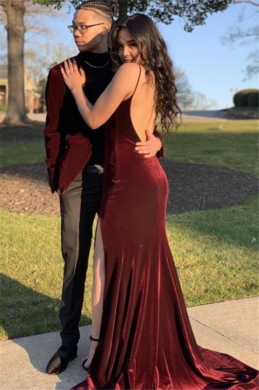 Mermaid Burgundy Velvet V Neck Long Prom Dresses Backless Evening Dresses J2577