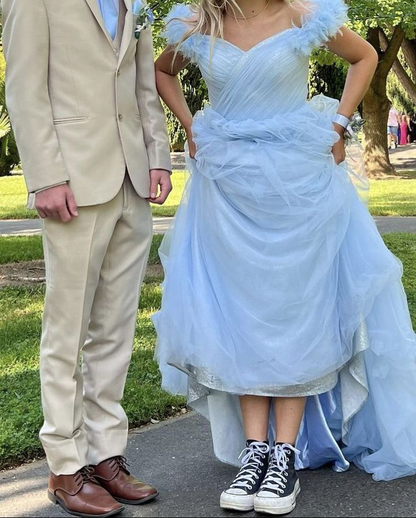 Schulterfreies, blaues, langes A-Linien-Ballkleid aus Tüll, Abschlusskleid 2509