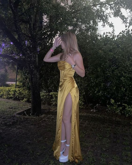 Yellow Mermaid Satin Evening Party Dress Long Slit Prom Dresses 2552